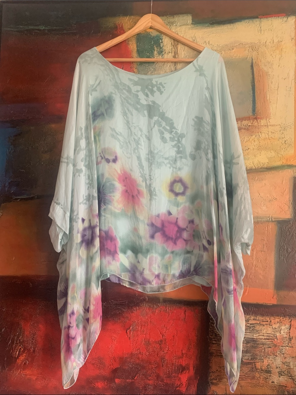 Boho Silk Viscose Watercolour Floral Draped Blouse, Sz L-XL